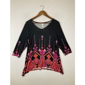 Art To Wear Thomas & Olivia PXL Black Pink Geometric Paisley Sharkbite Tunic Top